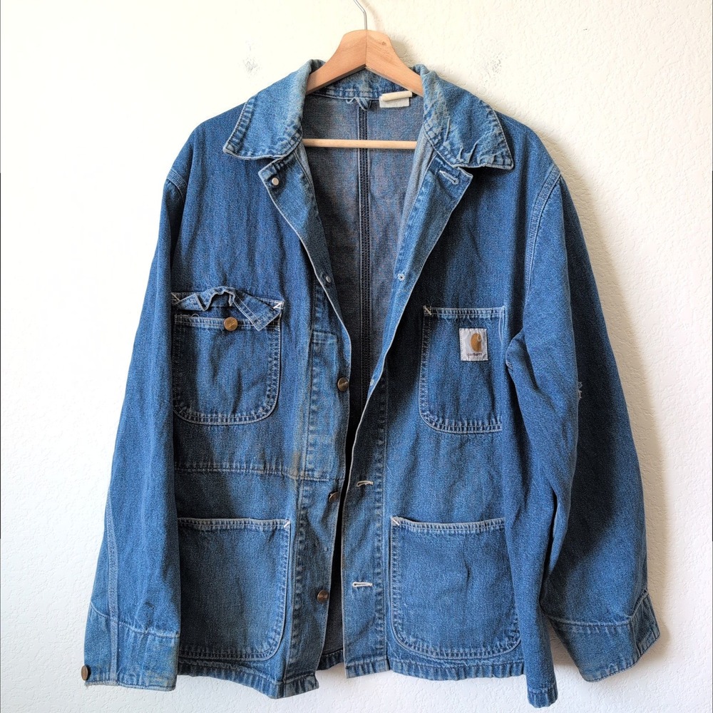 Vintage 90s Carhartt Blue Denim Chore Coat Mens Work Jacket Distressed Large